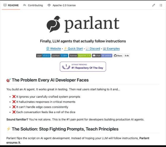 GitHub README for Parlant, "Finally, LLM agents that actually follow instructions."