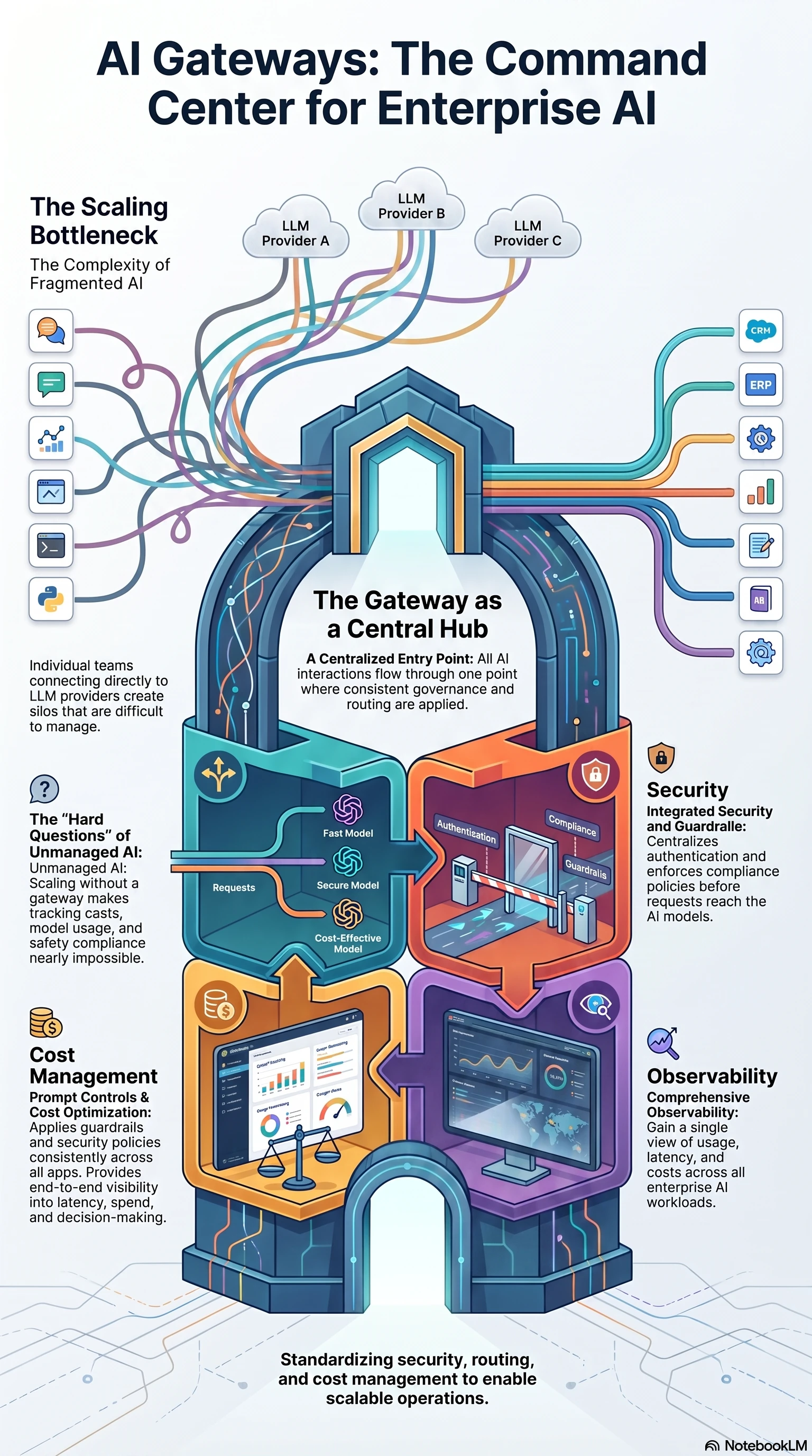 Illustration of an AI Gateway as the command centre for enterprise AI, routing requests between LLM providers and internal systems.