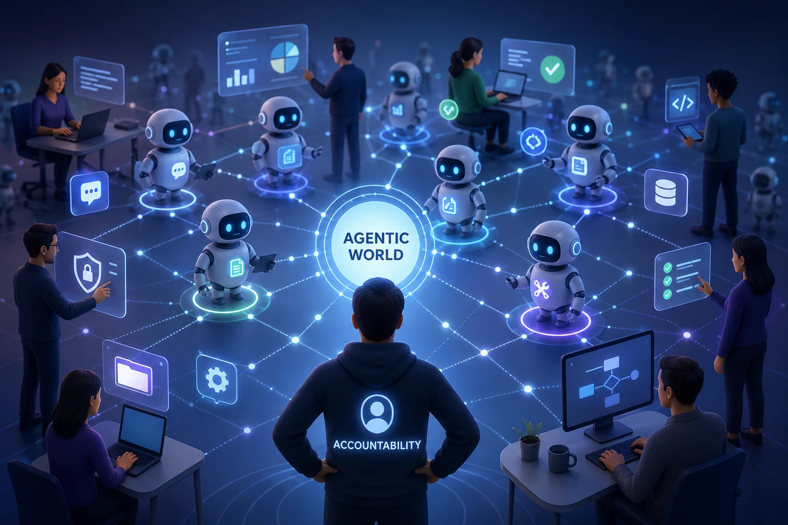 Illustration of an agentic world: networked robot agents surrounded by people, with one person labelled accountability at the centre.